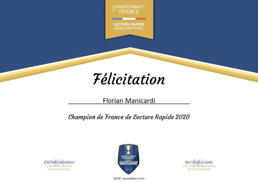 Diplome de champion de lecture rapide 2020 de Florian Manicardi